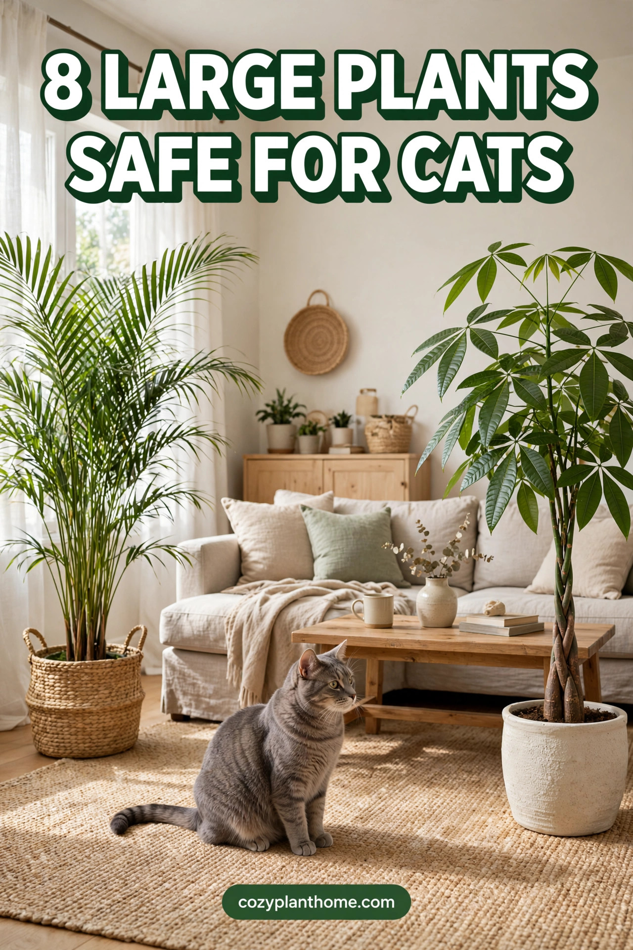 Want a big, statement houseplant that will not put your cat at risk? This list covers 8 large indoor plants the ASPCA lists as non-toxic to cats - areca palm, money tree, banana plant, majesty palm and more - with light, watering, and mature size for each one. Plus the popular large plants to avoid, and how to check any plant before you buy. Tap to read the full guide.