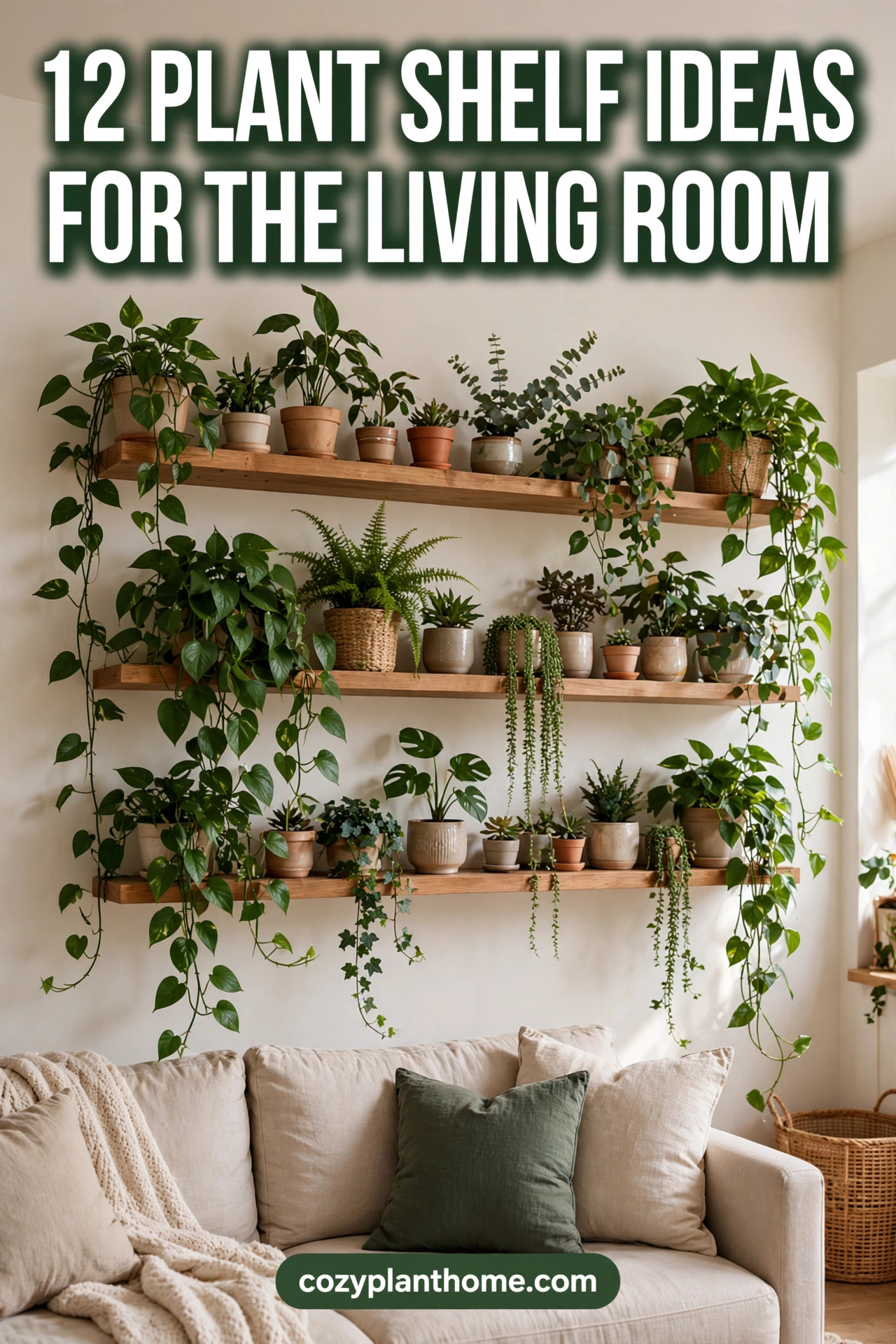 A blank living room wall is a plant shelf waiting to happen. This guide covers 6 shelf ideas - a window-front shelf, floating corner shelves, a ladder shelf, a picture-ledge plant row and more - with the plants that suit each spot, the wall-anchor and light checks to do first, and simple styling rules that make any shelf look finished. Tap to read the full guide.